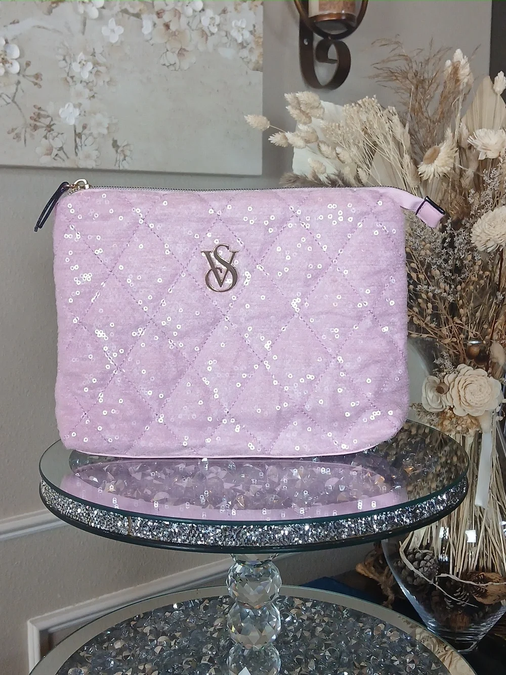 Victoria's Secret Pink Quilted Sequin Pouch Clutch Travel Glam Makeup Bag